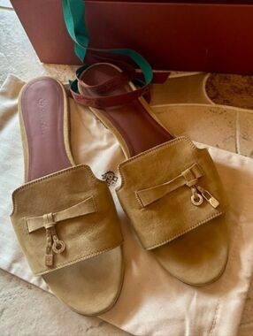 Loro Piana Tan Suede Slide Mules with Gold Charm